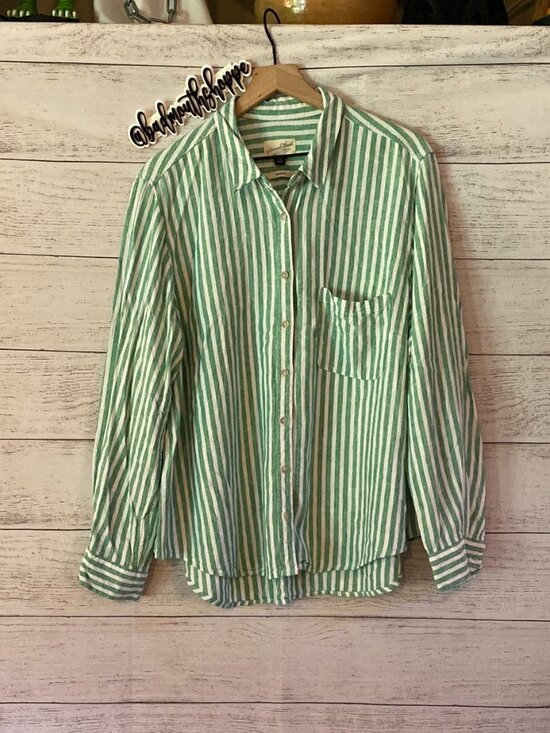 Universal Thread Tops - Universal Thread Green White Stripe Linen Relaxed Fit Button Down Blouse XXL